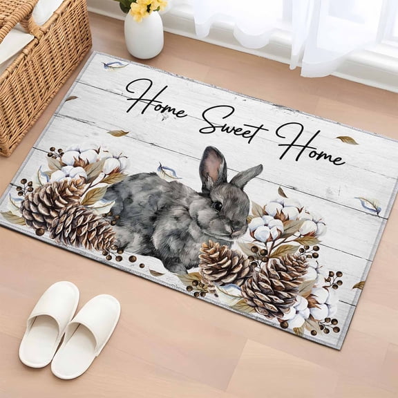 Area Rug 2x3ft Farm Rabbit Pine Cone Berry Area Rugs Washable Low Pile Floor Carpet for Bedroom, Rustic Plant Animal Wood Plank Non Slip Soft Rugs for Living Room Entryway Dining Room