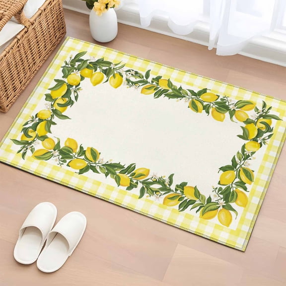 Area Rug 2x3ft Farm Summer Lemon Area Rugs Washable Low Pile Floor Carpet for Bedroom, Yellow Check Border Non Slip Soft Rugs for Living Room Entryway Dining Room