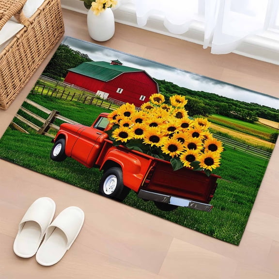 Area Rug 2x3ft, Farm Sunflower on Red Truck Washable Rugs for Living Room Bedroom, Watercolor Barn Field Soft Non-slip Area Rugs Rectangle Floor Carpet for Dining Room