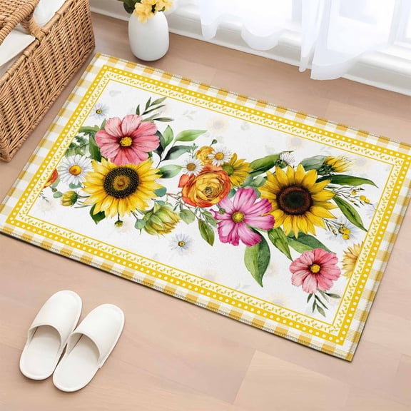 Area Rug 2x3ft, Farm Sunflowers Floral Flower Leaves Washable Rugs for Living Room Bedroom, Yellow Checkered Plaid Soft Non-slip Area Rugs Rectangle Floor Carpet for Dining Room