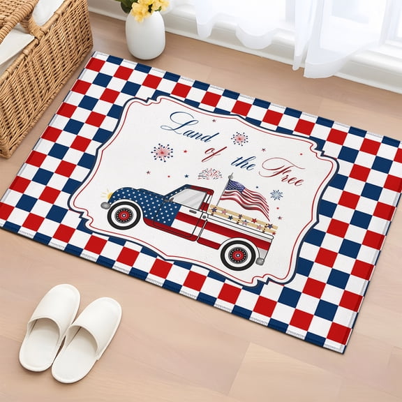 Area Rug 2x3ft Farm Truck with American Flag Area Rugs Washable Low Pile Floor Carpet for Bedroom, Blue White Red Buffalo Grid Non Slip Soft Rugs for Living Room Entryway Dining Room