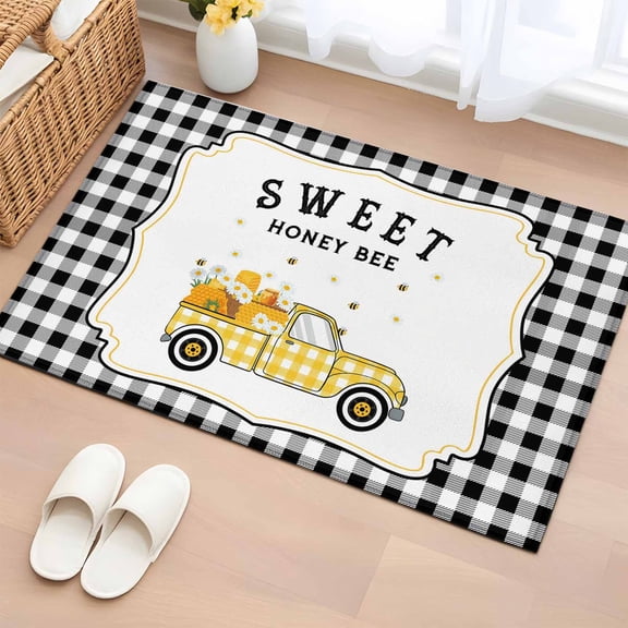 Area Rug 2x3ft Farm Truck with Sweet Bee Area Rugs Washable Low Pile Floor Carpet for Bedroom, Summer Daisy on Buffalo Lattice Non Slip Soft Rugs for Living Room Entryway Dining Room
