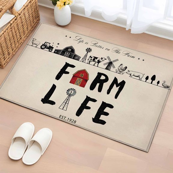 Area Rug 2x3ft, Farmhouse Barn Animal Cow Chicken Pig Washable Rugs for Living Room Bedroom, Vintage Farm Windmill Soft Non-slip Area Rugs Rectangle Floor Carpet for Dining Room