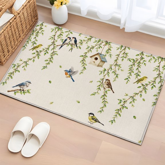 Area Rug 2x3ft Farmhouse Bird on Green Leaf Area Rugs Washable Low Pile Floor Carpet for Bedroom, Country Theme Linen Texture Non Slip Soft Rugs for Living Room Entryway Dining Room