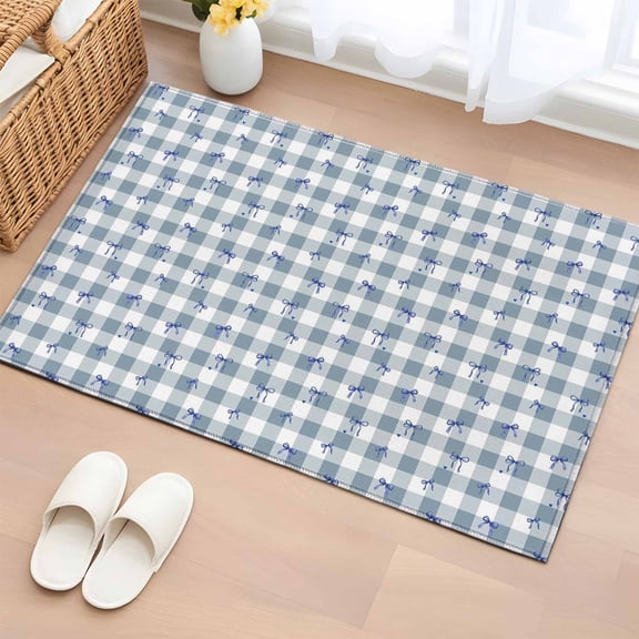 Area Rug 2x3ft Farmhouse Blue Bow on Checkered Area Rugs Washable Low Pile Floor Carpet for Bedroom, Country Buffalo Plaid Non Slip Soft Rugs for Living Room Entryway Dining Room