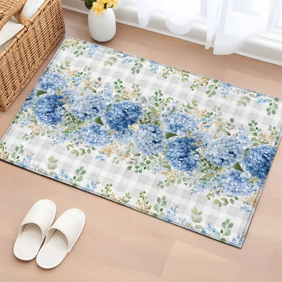 Area Rug 2x3ft Farmhouse Blue Hydrangea Flower Green Leaves Area Rugs Washable Low Pile Floor Carpet for Bedroom, Gray Plaid Non Slip Soft Rugs for Living Room Entryway Dining Room