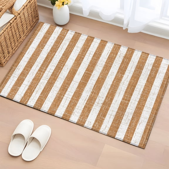 Area Rug 2x3ft, Farmhouse Brown Stripe Washable Rugs for Living Room Bedroom, Vintage Line Linen Texture Soft Non-slip Area Rugs Rectangle Floor Carpet for Dining Room