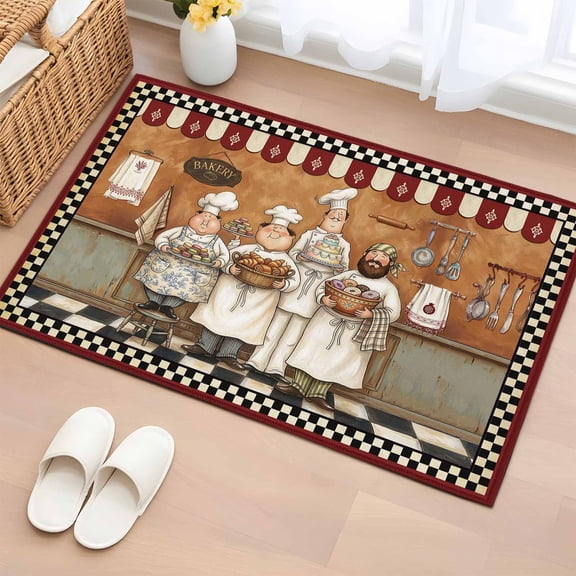 Area Rug 2x3ft Farmhouse Cartoon Chef Area Rugs Washable Low Pile Floor Carpet for Bedroom, Cooking Theme Black White Checkered Non Slip Soft Rugs for Living Room Entryway Dining Room
