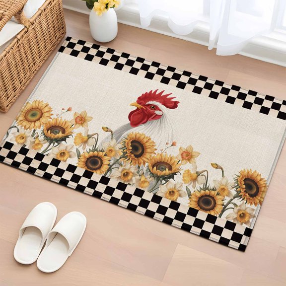 Area Rug 2x3ft Farmhouse Chicken Sunflower Area Rugs Washable Low Pile Floor Carpet for Bedroom, Retro Buffalo Plaid Farm Cock Non Slip Soft Rugs for Living Room Entryway Dining Room