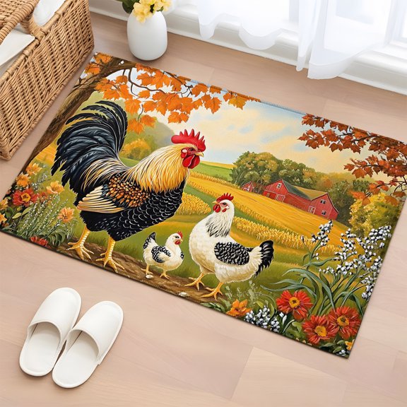 Area Rug 2x3ft Farmhouse Cock Hen Flower Leaf Area Rugs Washable Low Pile Floor Carpet for Bedroom, Country Plant Animals Theme Non Slip Soft Rugs for Living Room Entryway Dining Room