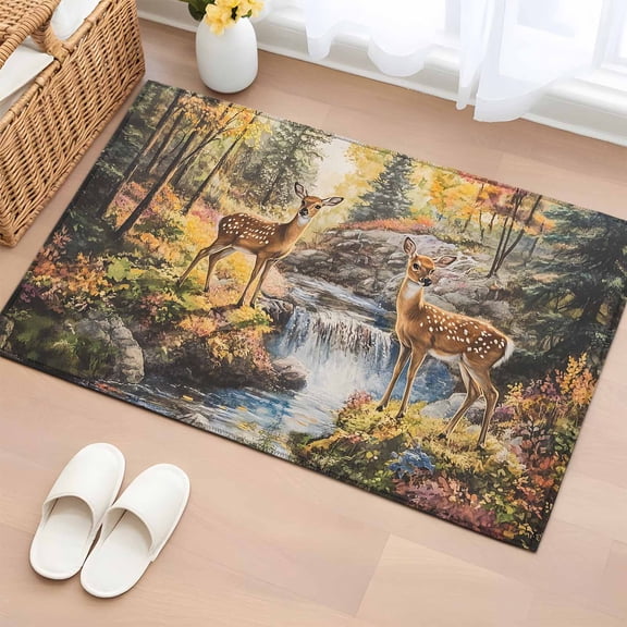 Area Rug 2x3ft Farmhouse Deer Plant River Area Rugs Washable Low Pile Floor Carpet for Bedroom, Forest Botanical Animal Theme Non Slip Soft Rugs for Living Room Entryway Dining Room