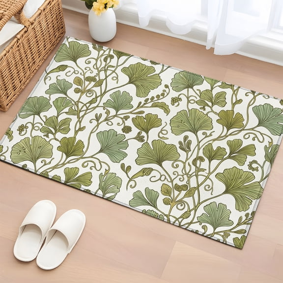 Area Rug 2x3ft Farmhouse Green Leaf Seamless Area Rugs Washable Low Pile Floor Carpet for Bedroom, Rustic Gingko Leaves Non Slip Soft Rugs for Living Room Entryway Dining Room