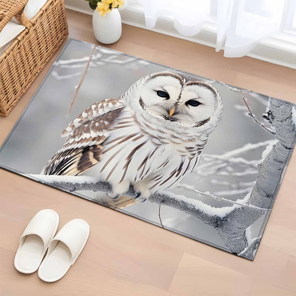 Area Rug 2x3ft Farmhouse Owl on Tree Branch Area Rugs Washable Low Pile Floor Carpet for Bedroom, Winter Bird Natural Scenery Non Slip Soft Rugs for Living Room Entryway Dining Room