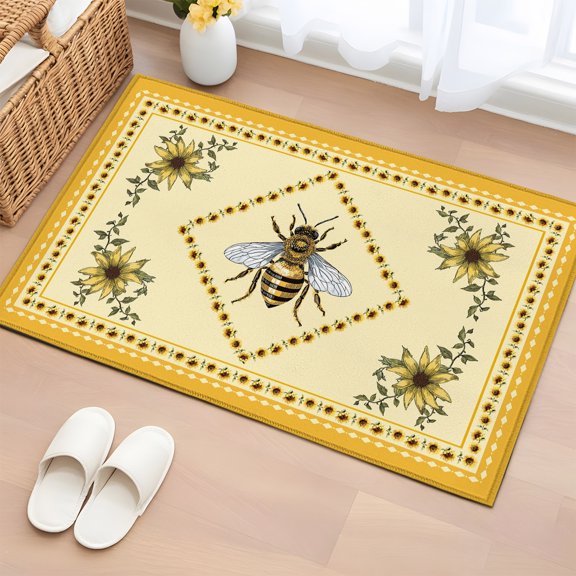 Area Rug 2x3ft Farmhouse Sunflower Bee Area Rugs Washable Low Pile Floor Carpet for Bedroom, Pastoral Floral Retro Yellow Theme Non Slip Soft Rugs for Living Room Entryway Dining Room