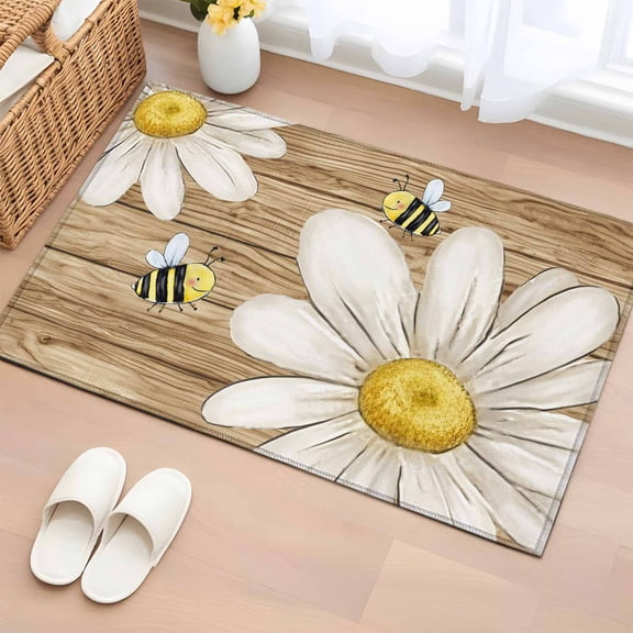 Area Rug 2x3ft Farmhouse White Daisy Bee Area Rugs Washable Low Pile Floor Carpet for Bedroom, Summer Flower Brown Wooden Plank Non Slip Soft Rugs for Living Room Entryway Dining Room