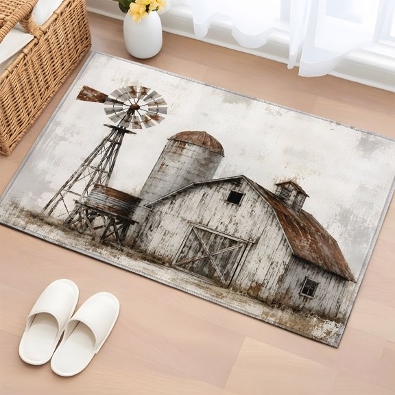 Area Rug 2x3ft Farmhouse Wood Barn Floor Entryway Rugs Indoor Floor Area Mat Carpets Doormat Entrance Mat for Entry Living Room Dining Room Kitchen, Rustic Retro Windmill Fence Sofa Throw Carpet