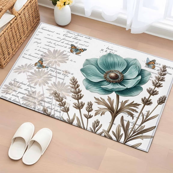 Area Rug 2x3ft Floral Butterfly Retro Plant Area Rugs Washable Low Pile Floor Carpet for Bedroom, Vintage Old Newspapers Non Slip Soft Rugs for Living Room Entryway Dining Room