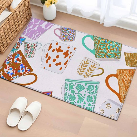 Area Rug 2x3ft Floral Ceramic Mugs Floor Entryway Rugs Indoor Floor Area Mat Carpets Doormat Entrance Mat for Entry Living Room Dining Room Kitchen Bedroom, Colorful Tea Cup Sofa Throw Carpet