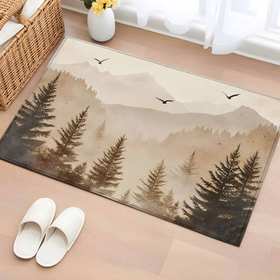 Area Rug 2x3ft Foggy Mountain Forest Tree Bird Area Rugs Washable Low Pile Floor Carpet for Bedroom, Retro Natural Scenic Theme Non Slip Soft Rugs for Living Room Entryway Dining Room