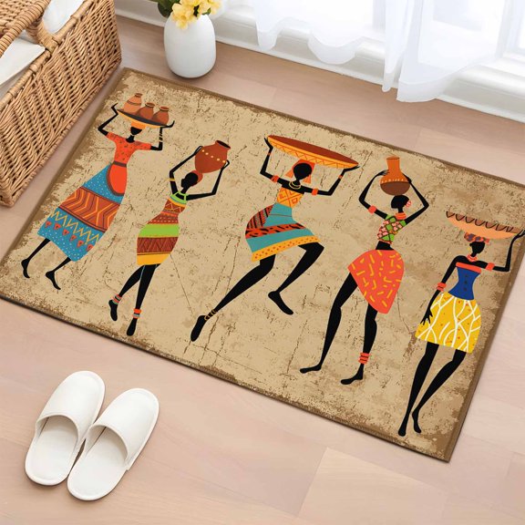 Area Rug 2x3ft Folk African Women Dancing Area Rugs Washable Low Pile Floor Carpet for Bedroom, Tribal Art on Retro Brown Non Slip Soft Rugs for Living Room Entryway Dining Room