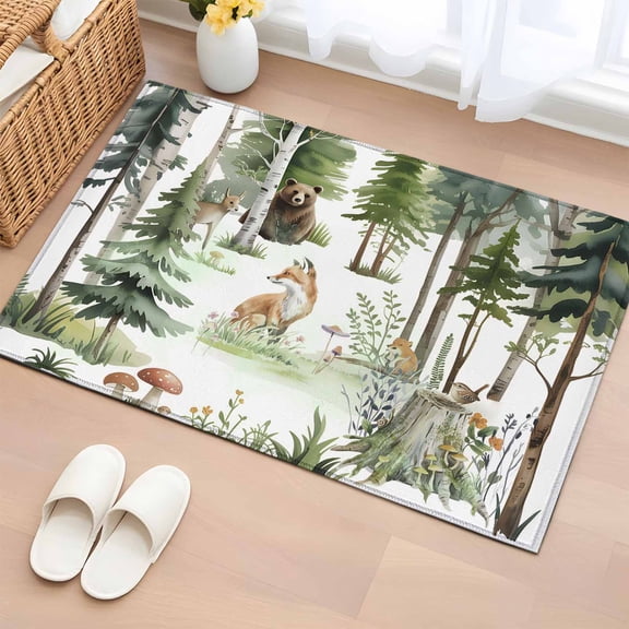 Area Rug 2x3ft Forest Animal Carpets Indoor Floor Area Mat Doormat Entrance Mat Rugs for Entry Living Room Dining Room Kitchen Bedroom, Woodland Bear Fox Deer Bird Sofa Throw Carpet