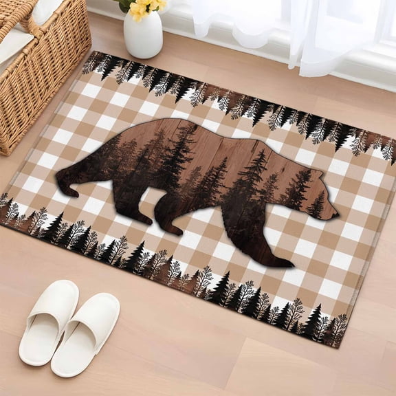 Area Rug 2x3ft Forest Bear Carpets Indoor Floor Area Mat Doormat Entrance Mat Rugs for Entry Living Room Dining Room Kitchen Bedroom, Animal Retro Pine Tree Brown Plaid Sofa Throw Carpet