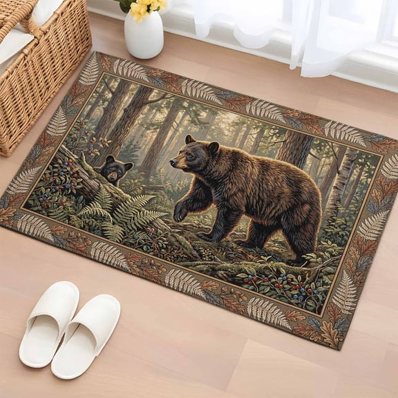 Area Rug 2x3ft Forest Brown Bear Fern Area Rugs Washable Low Pile Floor Carpet for Bedroom, Retro Southwest Ethnic Non Slip Soft Rugs for Living Room Entryway Dining Room
