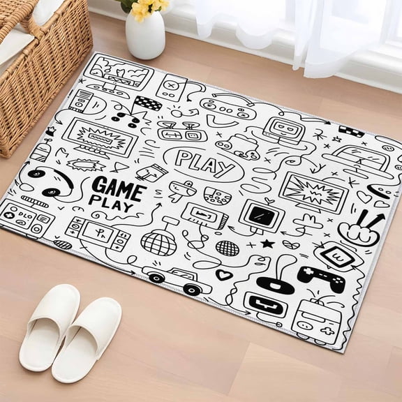 Area Rug 2x3ft Game Console Sketch Area Rugs Washable Low Pile Floor Carpet for Bedroom, Black And White Gaming Art Non Slip Soft Rugs for Living Room Entryway Dining Room