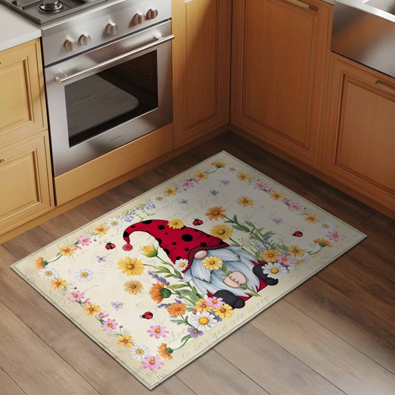 Area Rug 2x3ft Gnome Daisy Washable Area Rugs for Living Room Spring Flowers Leaf Wreath Beige Non-Slip Kitchen Mats Soft Carpet for Entryway, Bathroom, Office, and Home Decor