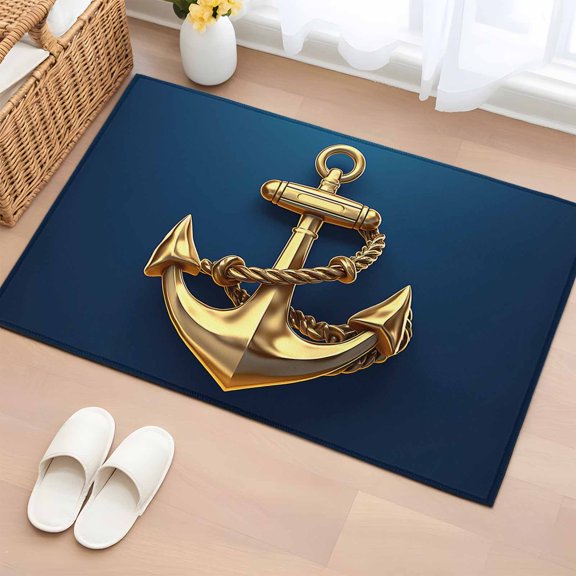 Area Rug 2x3ft Gold Ship Anchor Area Rugs Washable Low Pile Floor Carpet for Bedroom, Blue Background Non Slip Soft Rugs for Living Room Entryway Dining Room