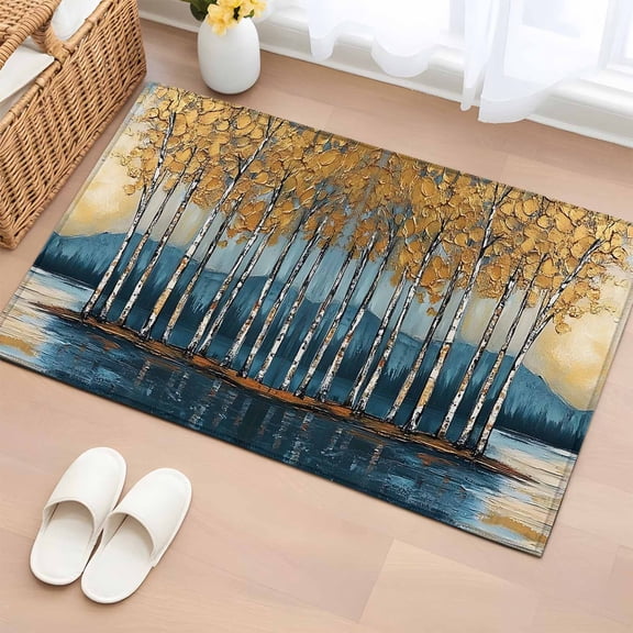 Area Rug 2x3ft Golden Forest Lake Mountain Area Rugs Washable Low Pile Floor Carpet for Bedroom, Watercolor Oil Painting Style Non Slip Soft Rugs for Living Room Entryway Dining Room