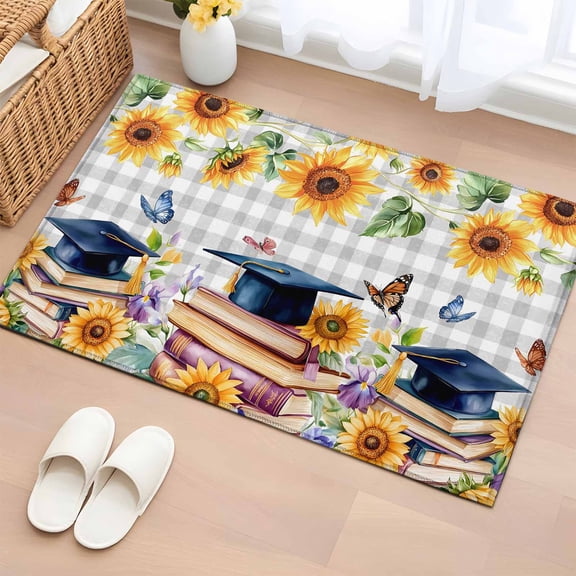 Area Rug 2x3ft Graduation Cap Farm Sunflowers Area Rugs Washable Low Pile Floor Carpet for Bedroom, Butterfly on Gray Plaid Non Slip Soft Rugs for Living Room Entryway Dining Room