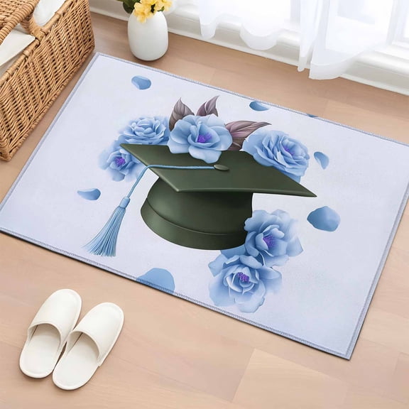 Area Rug 2x3ft Graduation Cap Flowers Roses Area Rugs Washable Low Pile Floor Carpet for Bedroom, Blue Background Non Slip Soft Rugs for Living Room Entryway Dining Room
