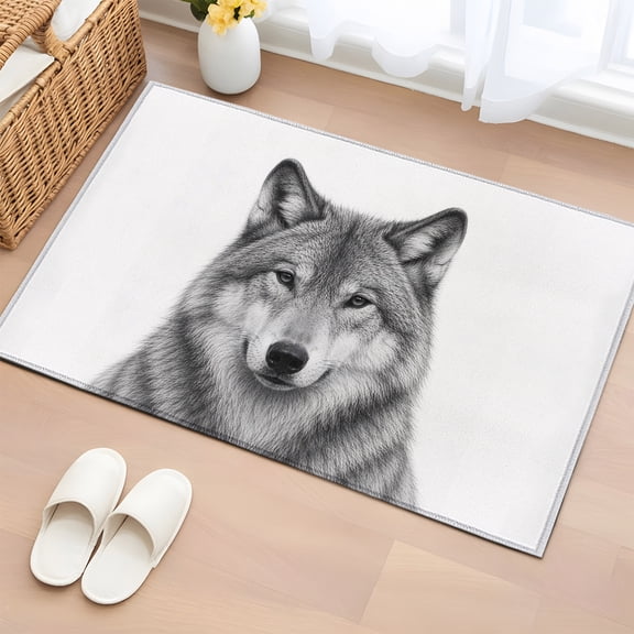Area Rug 2x3ft Gray Timber Wolf Sketch Area Rugs Washable Low Pile Floor Carpet for Bedroom, Minimalist Wildlife Pattern Non Slip Soft Rugs for Living Room Entryway Dining Room