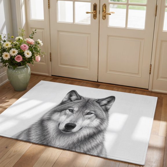 Area Rug 2x3ft Gray Timber Wolf Sketch Low Pile Washable Rug Soft Cushioned Carpet Minimalist Wildlife Pattern Non-Slip Floor Mat for Living Room Bedside Dining Room