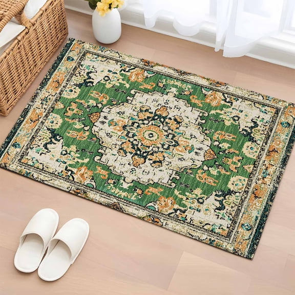 Area Rug 2x3ft, Green Bohemian Ethnic Western Washable Rugs for Living Room Bedroom, Vintage Native Tribal Soft Non-slip Area Rugs Rectangle Floor Carpet for Dining Room