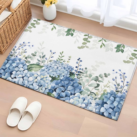 Area Rug 2x3ft, Green Eucalyptus Leaf Blue Hydrangea Washable Rugs for Living Room Bedroom, Blossom Floral Soft Non-slip Area Rugs Rectangle Floor Carpet for Dining Room