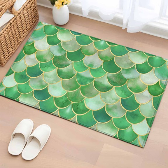 Area Rug 2x3ft Green Mermaid Scales Carpets Indoor Floor Area Mat Doormat Entrance Mat Rugs for Entry Living Room Dining Room Kitchen Bedroom, Gold Waves Lines Sofa Throw Carpet