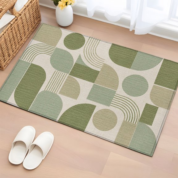 Area Rug 2x3ft Green Quarter Circles Floor Entryway Rugs Indoor Floor Area Mat Carpets Doormat Entrance Mat for Entry Living Room Dining Room Kitchen, Modern Geometric Arch Lines Sofa Throw Carpet