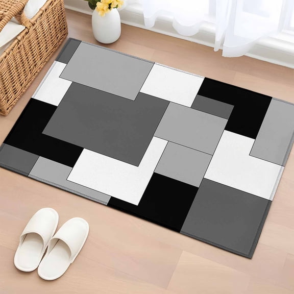 Area Rug 2x3ft Grey Art Color Block Geometry Grid Area Rugs Washable Low Pile Floor Carpet for Bedroom, Abstract Non Slip Soft Rugs for Living Room Entryway Dining Room