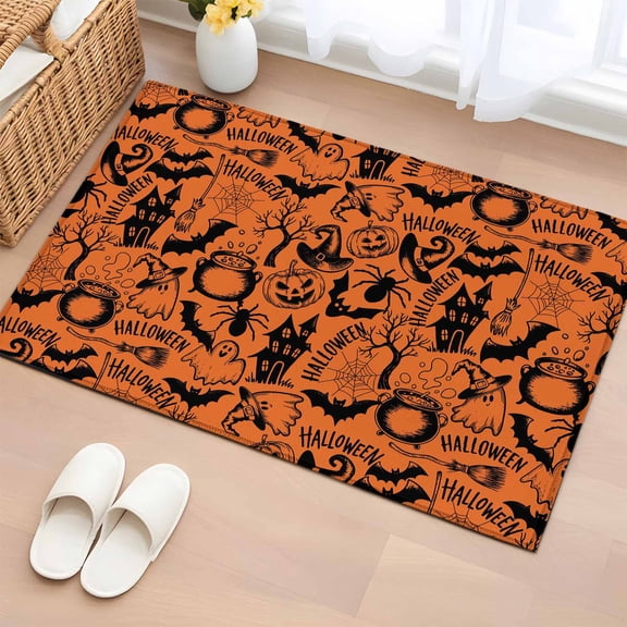 Area Rug 2x3ft, Halloween Bat Castle Orange Black Washable Rugs for Living Room Bedroom, Pumpkin Ghost Soft Non-slip Area Rugs Rectangle Floor Carpet for Dining Room