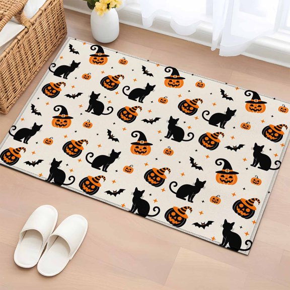 Area Rug 2x3ft, Halloween Cat Pumpkin Ghost Washable Rugs for Living Room Bedroom, Bat Orange Black Beige Soft Non-slip Area Rugs Rectangle Floor Carpet for Dining Room