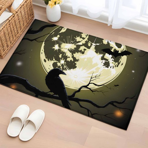 Area Rug 2x3ft, Halloween Crow Moon Washable Rugs for Living Room Bedroom, Vintage Horror Bat Soft Non-slip Area Rugs Rectangle Floor Carpet for Dining Room
