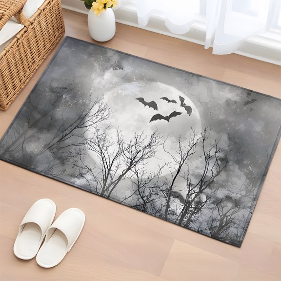 Area Rug 2x3ft, Halloween Full Moon Night Washable Rugs for Living Room Bedroom, Bat Bare Tree Gray Soft Non-slip Area Rugs Rectangle Floor Carpet for Dining Room