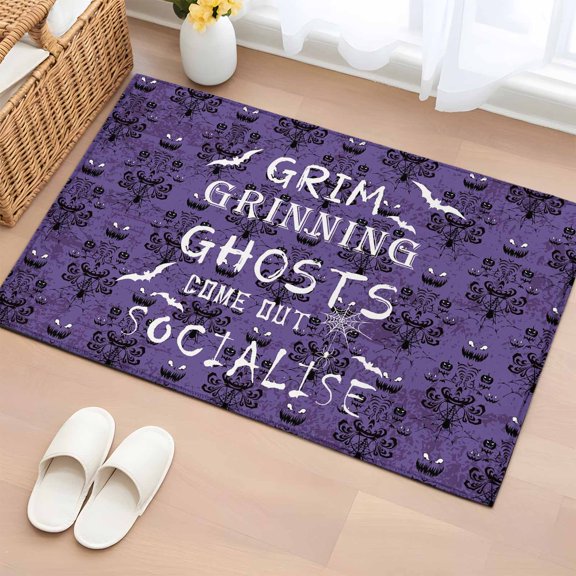 Area Rug 2x3ft, Halloween Ghost Haunted Castle Bat Washable Rugs for Living Room Bedroom, Abstract Geometric on Purple Soft Non-slip Area Rugs Rectangle Floor Carpet for Dining Room