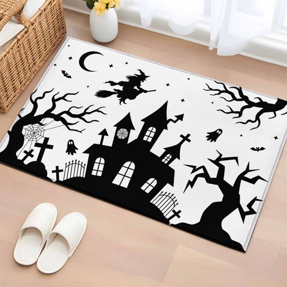 Area Rug 2x3ft, Halloween Haunted Castle Witch Ghost Washable Rugs for Living Room Bedroom, White Black Theme Soft Non-slip Area Rugs Rectangle Floor Carpet for Dining Room