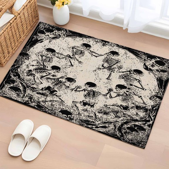 Area Rug 2x3ft, Halloween Horror Black Skeleton Washable Rugs for Living Room Bedroom, Vintage Abstract Skull Soft Non-slip Area Rugs Rectangle Floor Carpet for Dining Room