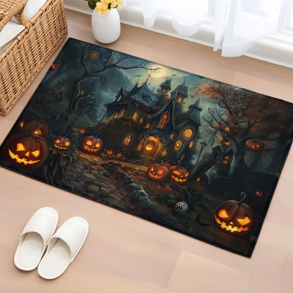 Area Rug 2x3ft, Halloween Horror Night Castle Pumpkin Washable Rugs for Living Room Bedroom, Haunted Ghost Forest Soft Non-slip Area Rugs Rectangle Floor Carpet for Dining Room