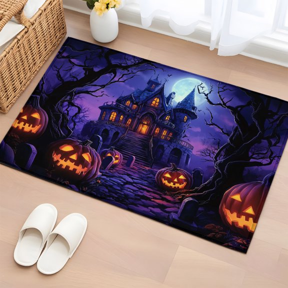 Area Rug 2x3ft, Halloween Horror Pumpkins Washable Rugs for Living Room Bedroom, Cartoon Castle on Purple Soft Non-slip Area Rugs Rectangle Floor Carpet for Dining Room