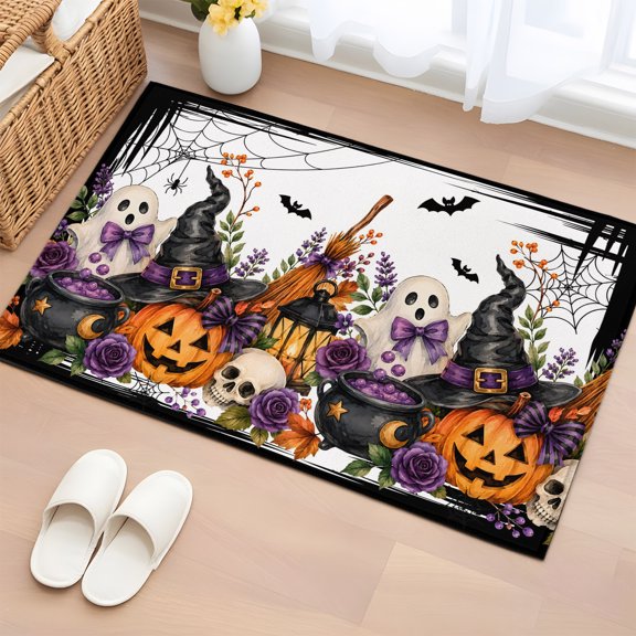 Area Rug 2x3ft, Halloween Night Pumpkin Ghost Washable Rugs for Living Room Bedroom, Witch Hat Skull Sipderweb Soft Non-slip Area Rugs Rectangle Floor Carpet for Dining Room